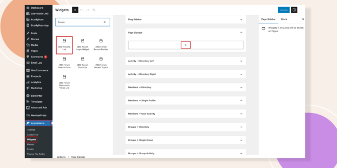 This screenshot shows where you can locate the Forum list widget.