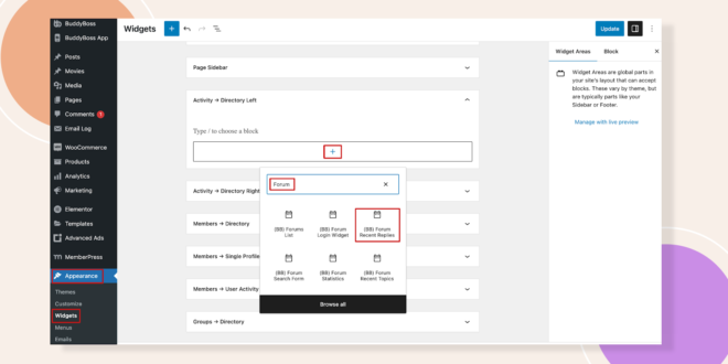 This screenshot shows how you can add the forum recent replies widget.