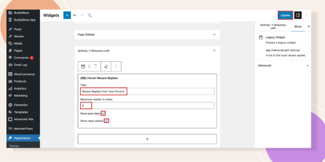 This screenshot shows how you can add the forum recent replies widget.