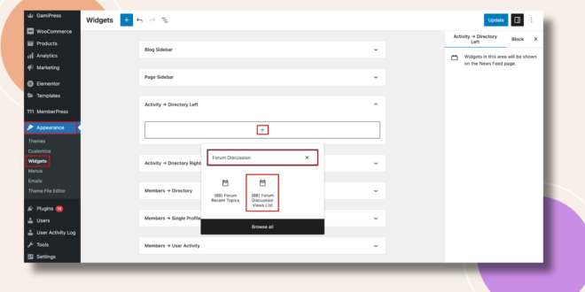 This screenshot shows where you can add the Forum Discussion View List Widget