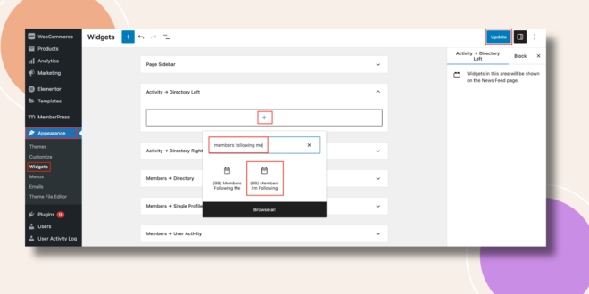 This screenshot shows how to add the Members Following Me Widget.