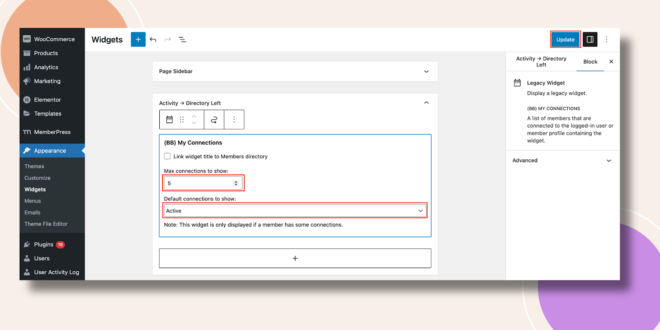 This screenshot shows how to the My Connections Widget can be configured..