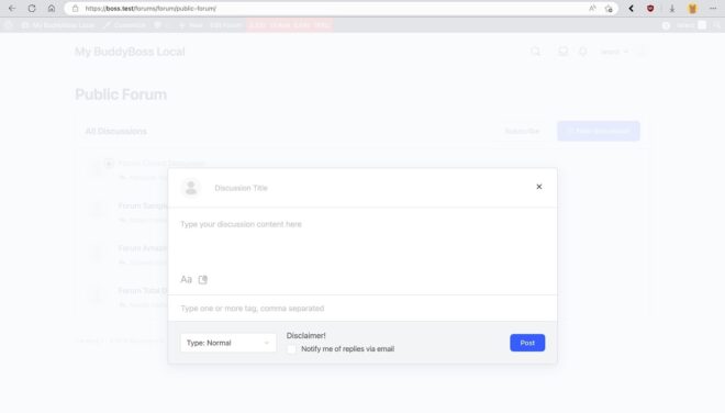A web page shows a “Public Forum” with a pop-up form to start a new discussion. Fields include discussion title, content, tags, and a “Post” button. Options for text style and email reply notification are visible.