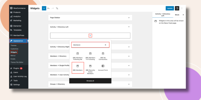 This screenshot shows how the members widget can be added.