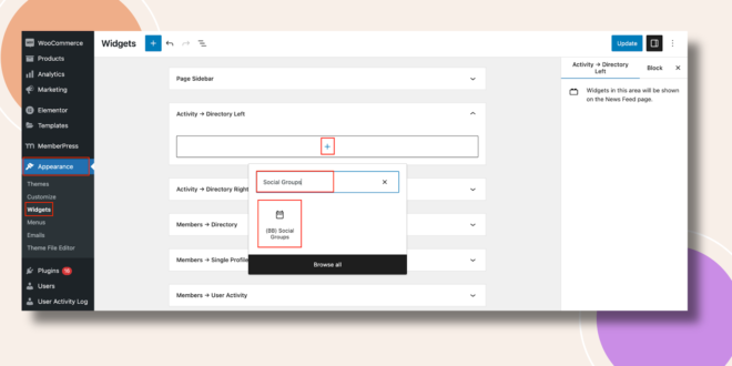 This screenshot shows how the Social Groups Widget can be added.