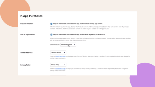 This screenshot shows where to enable the option to Require members to purchase an in-app product while registering for an account.