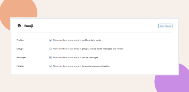 Media Settings panel showing emoji options with checkboxes for profiles, groups, messages, and forums.