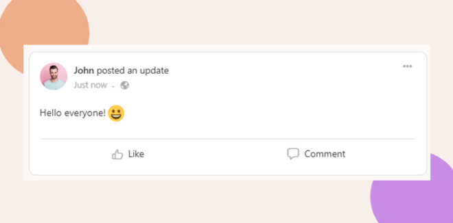 Example activity post on BuddyBoss Platform showing emojis displayed in the post.