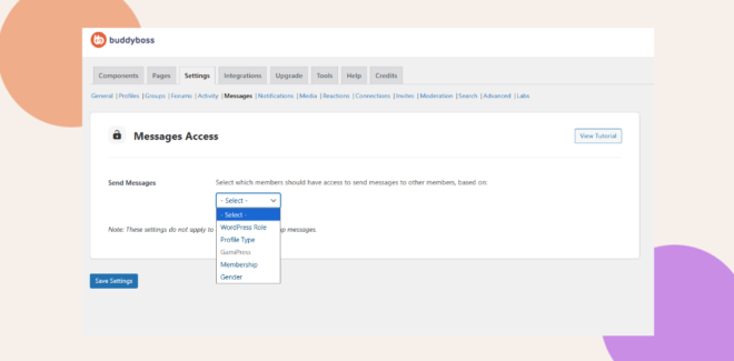 This screenshot shows where you can configure the private message access control.