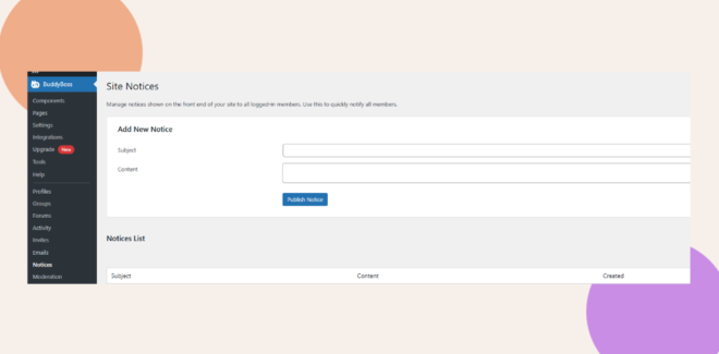 This screenshot shows where you can add site notices.