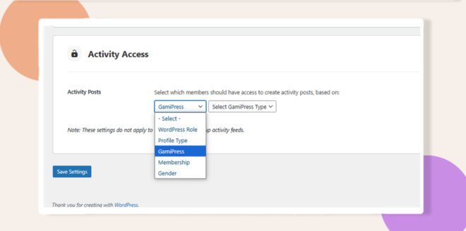 This screenshot shows where to configure the activity post control.