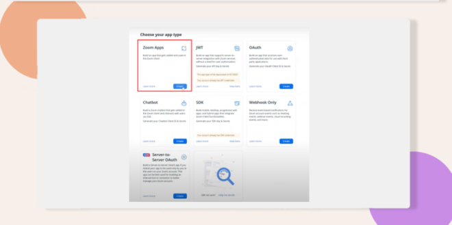 This screenshot shows the build app section where you can choose Zoom App. 