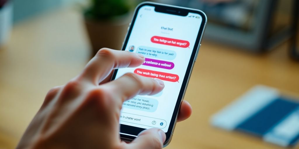 A close-up of a smiling customer interacting with a chatbot.