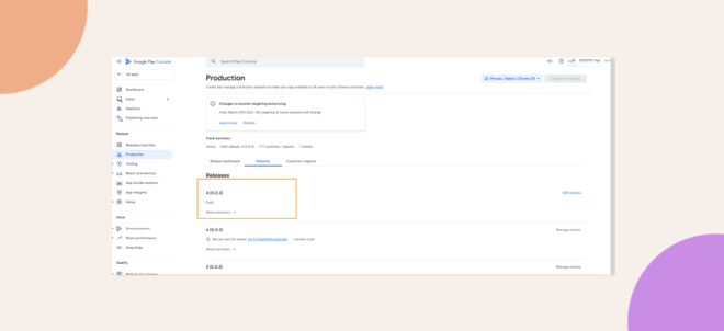 This screenshot shows where to create a new release draft in Google Console.