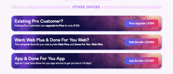 buddyboss bfcm deals- A promotional graphic listing three offers: Plus Upgrade for $199, Web Bundle for $2499, and App Bundle for $3395, each with a brief description and a Buy button, on a purple space-themed background.