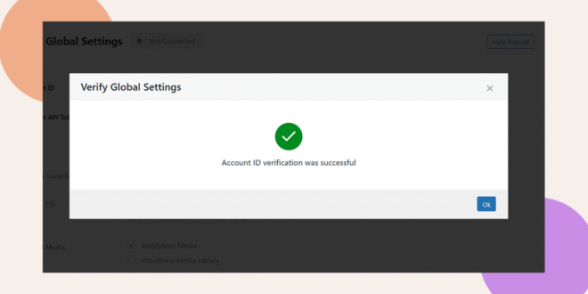 A dialog box on a website displays a green checkmark with the message Account ID verification was successful and an Ok button, indicating a completed verification process.