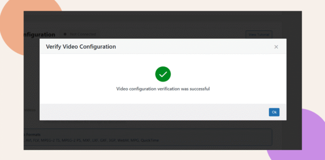 A dialog box with a green checkmark displays the message Video configuration verification was successful and an Ok button on a partially visible web page background.