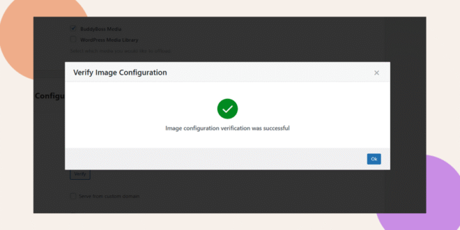 A pop-up window displays a message with a green checkmark: Image configuration verification was successful. An Ok button appears at the bottom right of the pop-up.