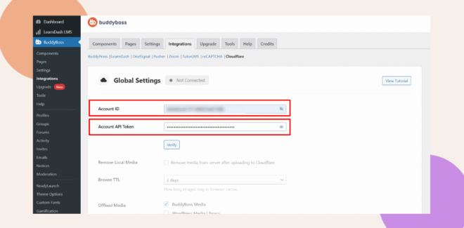 A BuddyBoss settings page displays fields for Account ID and Account API Token, both highlighted with red boxes. The sidebar menu shows integration options. The screens background features rounded color shapes.