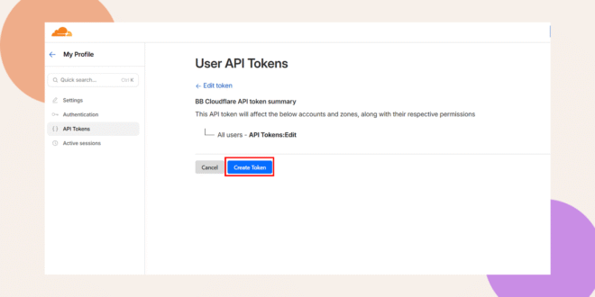 A user interface screen showing the creation of a user API token, with the “Create Token” button highlighted in blue. Menu options appear on the left, and instructions are displayed in the main section.