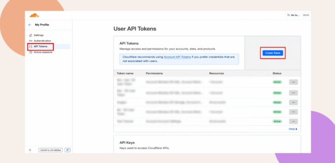 A user interface displays the User API Tokens page. API Tokens and Create Token are highlighted. The left sidebar shows navigation options, and a list of API tokens with their names, permissions, status, and actions is visible.