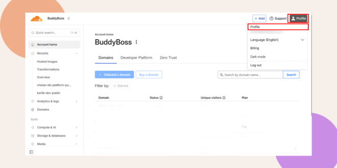 A dashboard for BuddyBoss is displayed, with the Profile option highlighted in the top right dropdown menu. The left sidebar shows navigation options, and domains information is visible in the main panel.