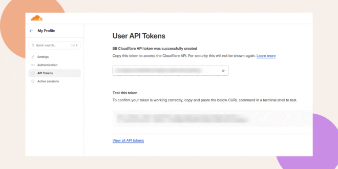 A web page displaying the User API Tokens section, showing a successfully created API token, a blurred token field, instructions for testing the token, and navigation options on the left sidebar.