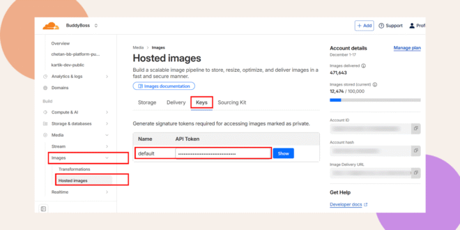 A dashboard shows the Hosted images section of an image management platform. The Keys tab is selected, displaying an API token named default. Menu items on the left are highlighted in red boxes.