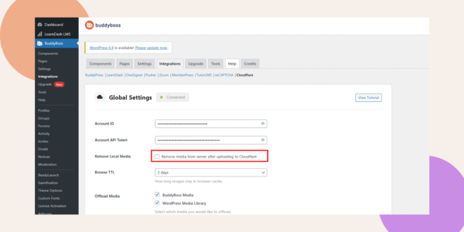 A settings page in the BuddyBoss WordPress dashboard displaying Cloudflare integration options. The “Remove media from server after uploading to Cloudflare” checkbox is highlighted in red. The left sidebar menu is visible.