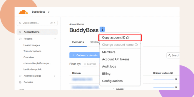 A web dashboard for BuddyBoss is shown, with a dropdown menu open under Copy account ID which is highlighted in red. Menu options include Members, Account API tokens, Audit logs, Billing, and Configurations.