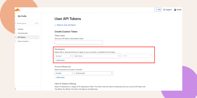 A screenshot of the Cloudflare User API Tokens page, highlighting the Permissions section where users can select and assign account or resource permissions for a custom API token.