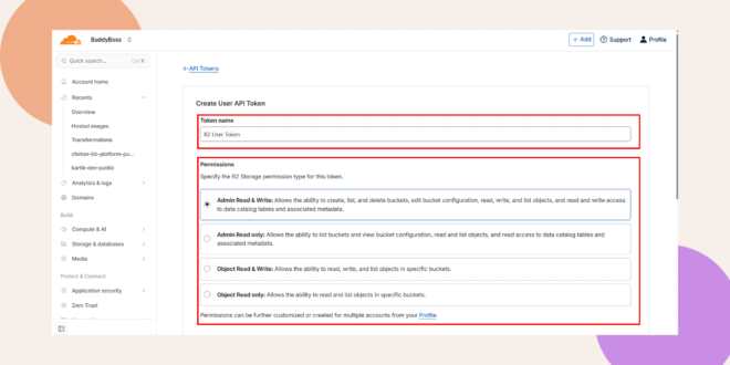 A web interface for creating a user API token shows fields for the token name and permissions. The Token name is set to R2 User Token, and several permission options are listed below.
