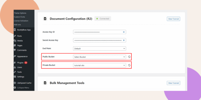 A WordPress admin settings page showing Document Configuration options. The “Public Bucket” dropdown is set to “Select Bucket” and the “Private Bucket” is set to “tutorial-site”; both fields are highlighted with red boxes.