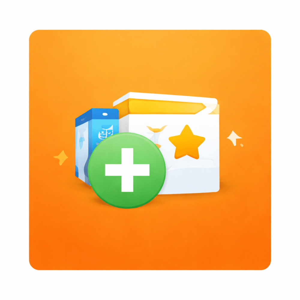 A large green circle with a white plus sign overlays boxes with stars and blue graphics, set against an orange background, suggesting adding or creating something new.