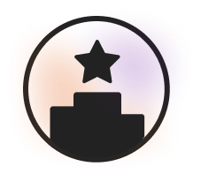 A black icon of a podium with a star above it, all enclosed within a black circle on a light, subtle gradient background.