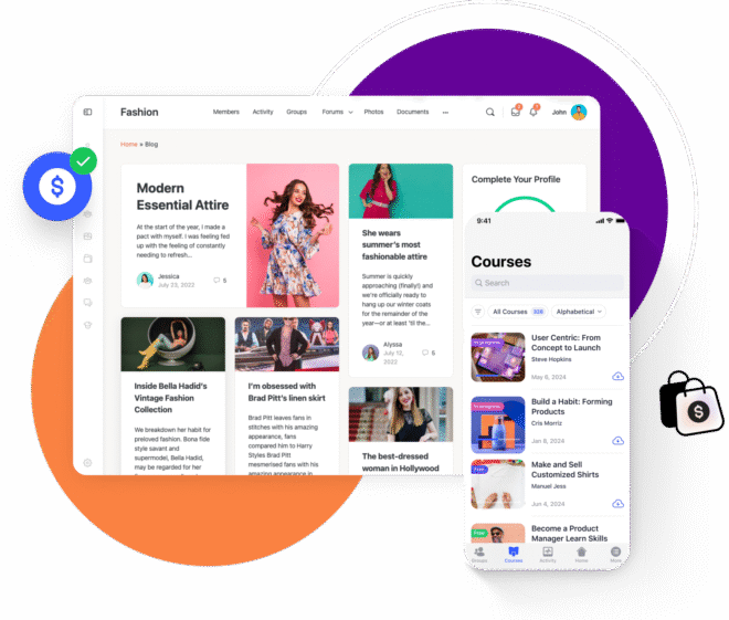 A digital interface showing a fashion blog with articles and images on the left, and a mobile app screen on the right displaying a list of online courses. Stylized icons and colorful circles are in the background.