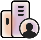 Icon showing two pastel-colored buildings in the background with a generic person silhouette in a circle in the foreground, representing a user or employee associated with an organization or company.