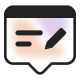 Icon of a speech bubble with two horizontal lines and a pencil, indicating writing, editing, or making a comment. The background includes soft, abstract orange and purple shapes.