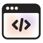 Icon of a web browser window with three circles at the top left and a code symbol (angle brackets with a slash) in the center, representing coding or programming.