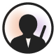 A black silhouette of a person inside a circle, wearing a suit and holding a stick or baton over their shoulder, with a soft gradient background.