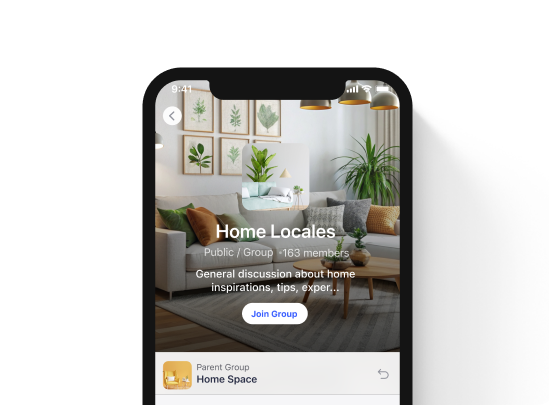 A smartphone screen displays a group page called Home Locales with 163 members, featuring a living room decorated with plants, wall art, and modern furniture. The Join Group button is visible below the group description.