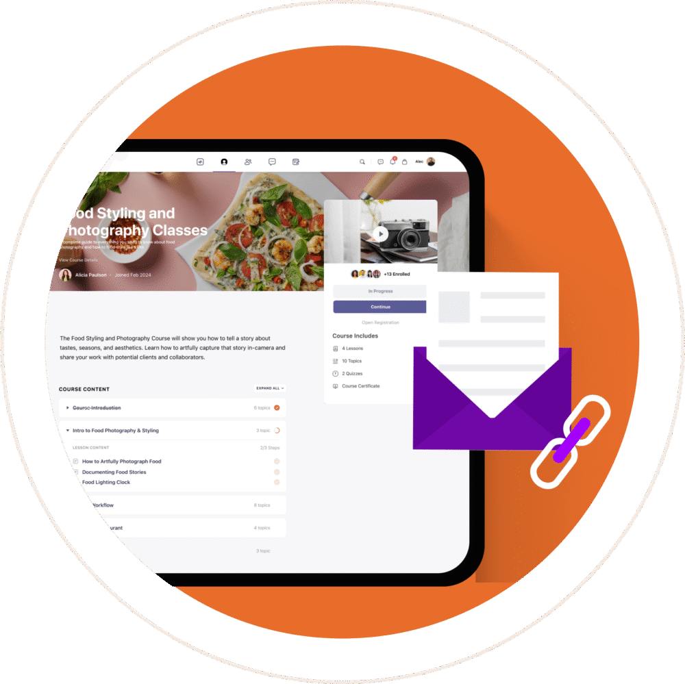 A tablet displays a food styling and photography online class interface. In front, there is an illustration of a white email and a purple envelope with a paperclip, set against an orange circular background.