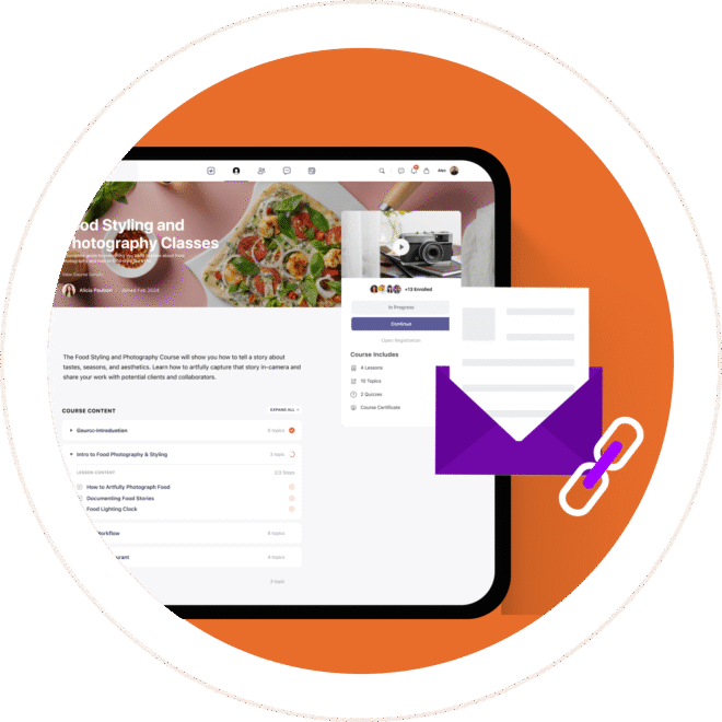 A tablet displays a food styling and photography online class interface. In front, there is an illustration of a white email and a purple envelope with a paperclip, set against an orange circular background.