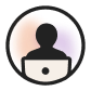 A simple icon of a person sitting behind a laptop, inside a circle with a gradient background in soft orange and purple tones.
