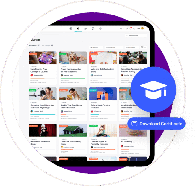 A tablet displays an online learning platform with various course thumbnails. A blue graduation cap icon and a Download Certificate button are overlaid on the right side of the image.