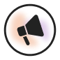 Black megaphone icon inside a black circle with a soft orange and purple gradient in the background.