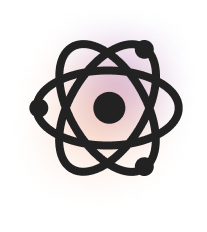A black atom icon with three elliptical orbits around a central dot, each orbit containing a small solid circle, on a light background with a faint pinkish glow.