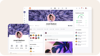 Profile page on a social media platform displayed on both a desktop and mobile device, featuring a user profile with a circular photo, cover image, user stats, posts, followers, and a sidebar with activity and profile completion status.