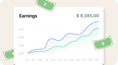 A chart displaying monthly earnings growth from January to December, with two upward-trending lines and a total earnings of $6,385.00. Illustrated dollar bills are scattered around the chart.