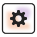 A black gear icon centered on a white square background with rounded corners and faint purple and orange gradients behind the gear.